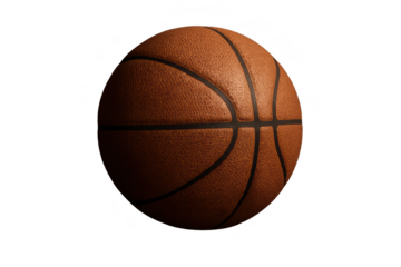 Energetic basketball ball in close up textured orange leather surface with dark seams spotlighted against dark background dynamic athletic mood motion implied through curve lines in design