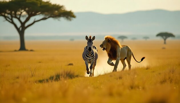 Dynamic wildlife chase on the African savanna, a lion pursuing a zebra across the golden plains at sunset, embodying power, survival, and the wild