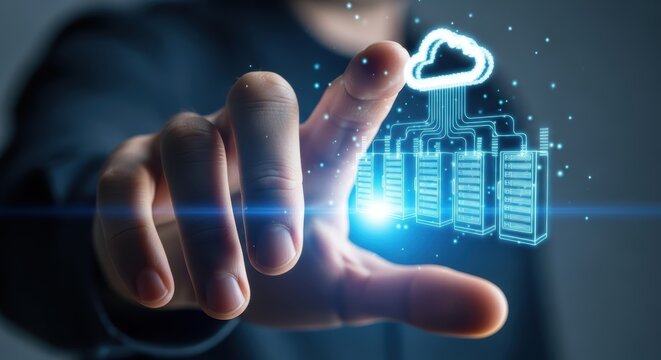 High-tech cloud data center concept showing a interacting with a glowing server and cloud icon to represent digital storage and connectivity