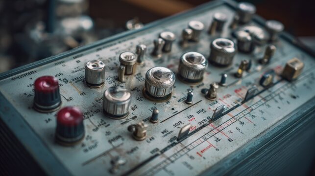 Antique, weathered tech device with knobs, dials, and a gray panel