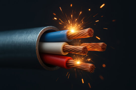 Energetic metal cable core with glowing copper strands and sparks emerging from cut ends high contrast industrial close up