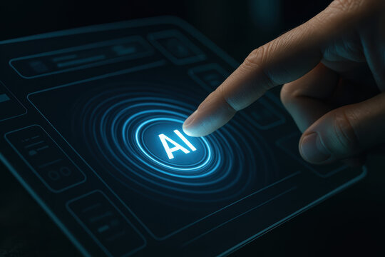 Dynamic display artificial intelligence concept with a pressing glowing AI button digital interface futuristic tech energy innovation theme.