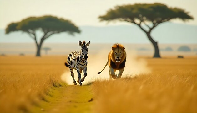 Dynamic lion chasing zebra across golden African savanna, a stunning wildlife scene perfect for conservation campaigns or educational content - Powered by Adobe