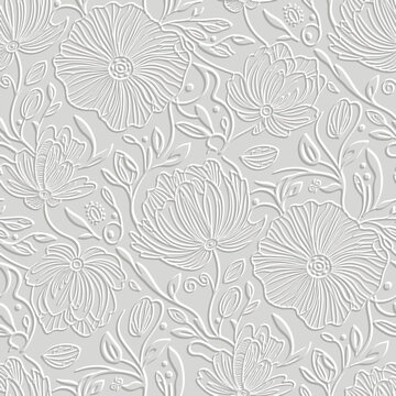 3d embossed elegant line art floral seamless pattern with white engraved relief flowers and leaves. Emboss 3D effect light gray background. Perfect for textile, wallpaper, print. Endless texture.