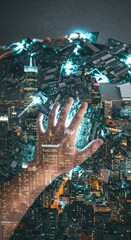 Obraz premium Futuristic cityscape with illuminated skyline overlaid by a translucent hand reaching forward embodying technology integration.