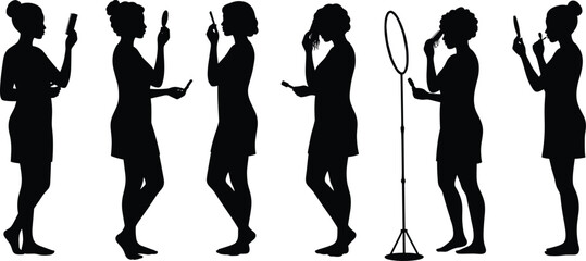 Silhouette people using smartphone, mobile phone addiction concept, digital lifestyle, social media influence, ring light tripod setup, online content creation,