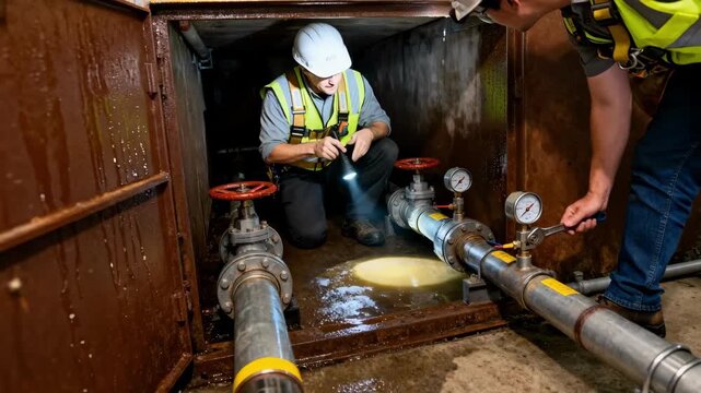 Maintenance crew inspecting underground geothermal fluid conduits through a confined access manhole performing safety checks and flow adjustments.