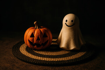 Halloween mood pumpkin jack-o-lantern spooky decoration autumn festival friendly ghost cozy night candlelight warm shadow carved pumpkin grin festive scene seasonal decor.