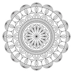 Intricate black and white mandala design with radial symmetry and detailed geometric patterns