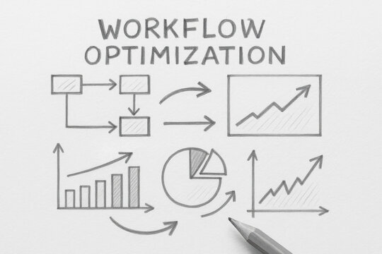 Efficient workflow optimization concept with diagrams and charts showing process analytics graph bar chart pie chart and rising trend drawn.