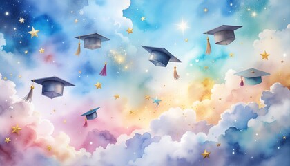 Graduation and clouds background with watercolor style