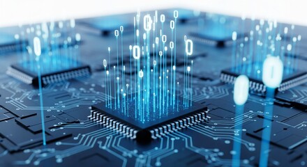 Computer chip with binary code flowing, data processing concept