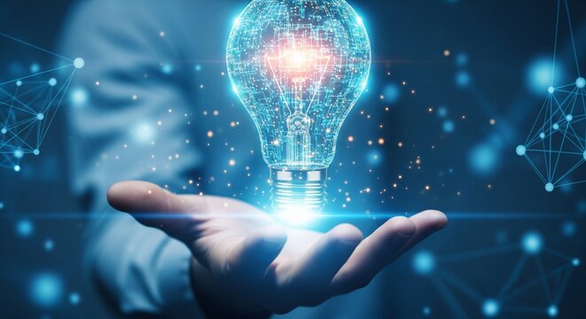 Glowing digital light bulb held in a hand, innovation concept