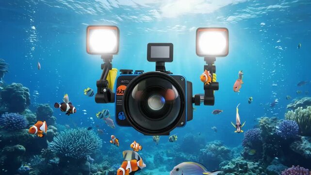 Side view of compact underwater camera with attached lens and strobe lights styled for vibrant highquality fish portraits in diverse aquatic habitats.
