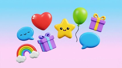 Collection of delightful 3D rendered icons including a heart, star, balloon, gift box, speech bubble, and rainbow. Perfect for web design and user interfaces - Powered by Adobe