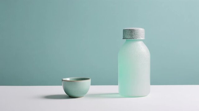 フロストミントから白への柔らかなグラデーション背景に、輝く酒瓶のキャップとひとつの酒盃。
透明感と静けさが漂い、禅のような冬のミニマル美を感じさせます。