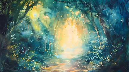 Fototapeta premium time portal in the forest watercolor painting