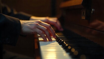 Elegant pianist's hands playing piano keys with passion, creating beautiful music in soft warm light, evoking emotion and artistry