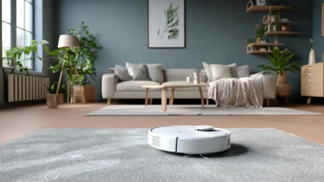Automated vacuum robot smoothly navigates living room efficiently cleaning floors with AI sensors while avoiding obstacles and furniture in modern home setting.