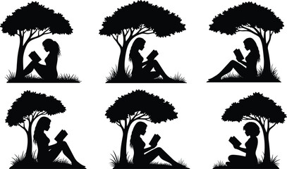 Silhouette women reading books under trees, peaceful outdoor relaxation, nature study scene, calm learning environment, quiet garden sitting and enjoying literature