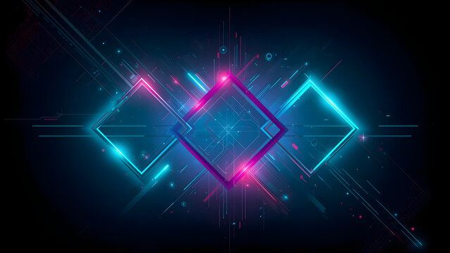 Futuristic neon abstract design featuring cyan and magenta geometric shapes on a dark digital background. Ideal for technology, gaming, and modern UI projects.