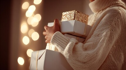 Cozy scene featuring a person in a knitted sweater holding beautifully wrapped gift boxes, surrounded by warm bokeh lights, evoking a festive holiday atmosphere of joy and celebration