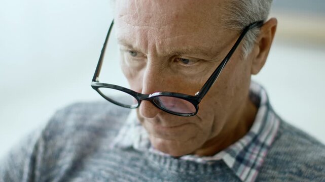 An elderly man in his 60s focuses intently as he reads or works at home. He wears glasses and is dressed comfortably, creating a relatable lifestyle moment in his daily routine.