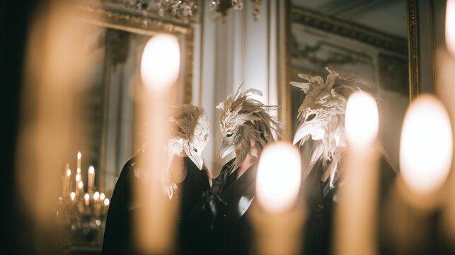 Three individuals wearing elaborate feathered masks stand in a dimly lit room adorned with candles and mirrors, creating an enchanting atmosphere of mystery and elegance