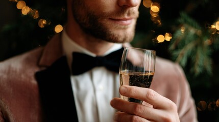 Elegant man in a velvet suit holding a champagne glass, surrounded by festive lights and greenery, celebrating a special occasion with a sophisticated atmosphere
