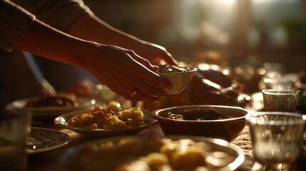 Hands reaching for a bowl of food during a warm gathering, surrounded by various dishes on a table, capturing the essence of shared meals and togetherness