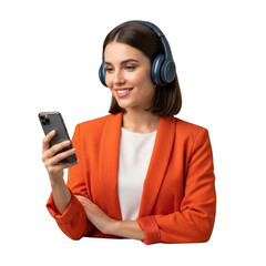 Woman in orange blazer wearing headphones and using smartphone isolated on transparent background