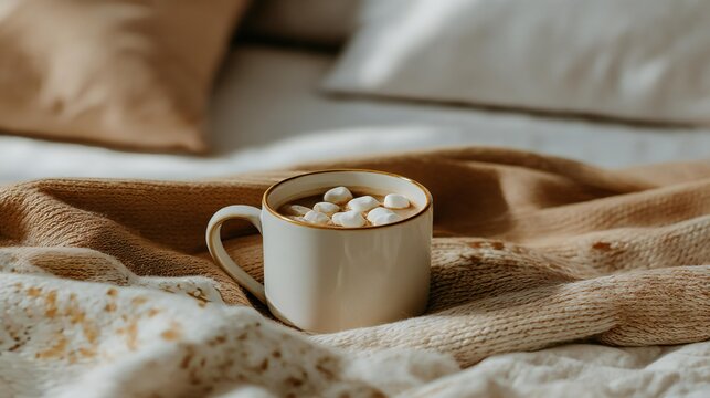 Cozy cup of hot chocolate topped with marshmallows, resting on a soft knitted blanket, surrounded by warm textiles, creating a comforting atmosphere for relaxation and enjoyment