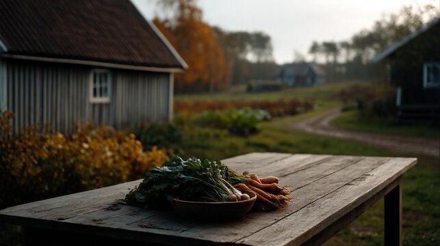 Freshly harvested vegetables, including carrots and greens, arranged on rustic wooden table in serene countryside setting with distant houses and autumn foliage