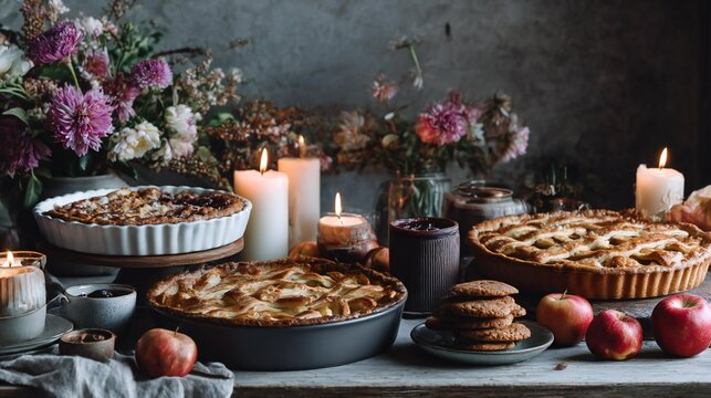 Rustic table setting featuring homemade pies, cookies, and fresh apples, surrounded by candles and vibrant flowers, creating a warm and inviting atmosphere for gatherings