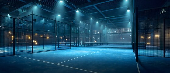 Indoor sports facility features multiple walled courts illuminated by overhead bright lighting