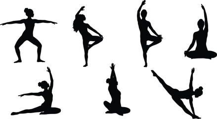 Silhouette yoga women performing elegant fitness balance poses, flexible stretching exercise meditation, healthy lifestyle workout, artistic body movement design isolated