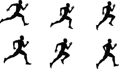 Silhouettes of athletic running poses, dynamic sprinting movement illustration, fitness training concept, athlete motion sequence, speed performance exercise, sports activity design