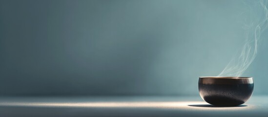 sound bath, singing bowl with steam in gentle light, minimalist aesthetic, blue background, banner with copy space. mindfulness, meditation, relaxation, balance, sound healing event, self-care concept