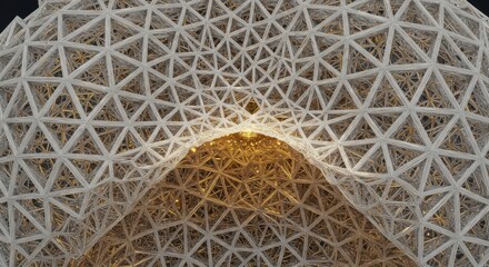 Complex geodesic dome structure exhibits intricate triangular latticework illuminated by warm interior light