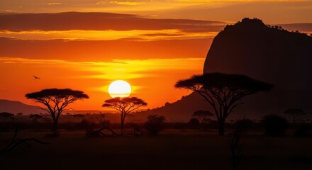 Obraz premium Vibrant african sunset over the savanna with acacia trees and a distant mountain, casting long shadows