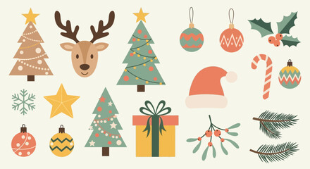Fototapeta premium Vector set of cute boho hand-drawn Christmas elements including reindeer, stylized Christmas trees, ornaments, gift boxes, and mistletoe in a festive flat style.