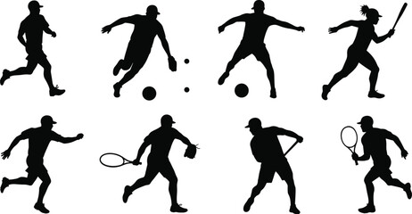 Silhouette athletes running, soccer players dribbling ball, baseball batter swinging bat, tennis players with racket, pitcher throwing ball, dynamic sports action, fitness training illustration