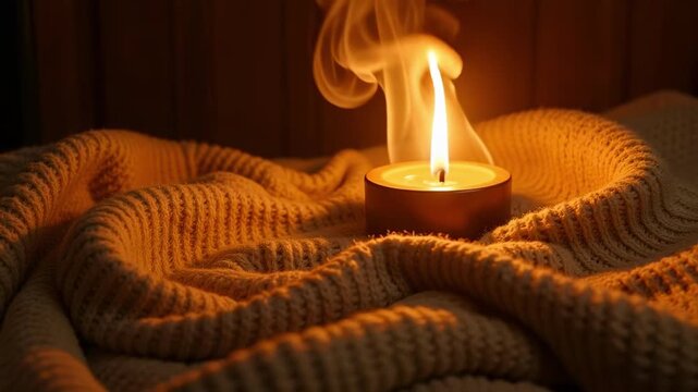 A warm candle flame glowing on a soft knitted blanket creates a cozy and relaxing atmosphere perfect for meditation and peaceful reflection