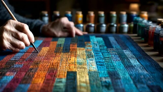 Artist painting vibrant textured patterns on canvas