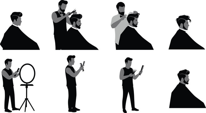 Haircut process, barber silhouette, grooming action, scissors and comb, styling pose, ring light setup, clipper use, salon scene, black figure, trim