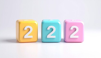 Three colorful dice with white "2" facing the viewer