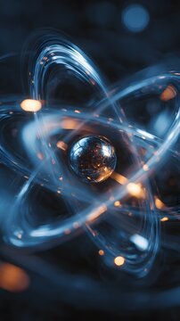 Dynamic depiction of an atomic structure with swirling energy trails and glowing particles
