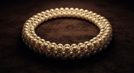 Luxurious double strand of cream colored beads rests upon a dark brown textured surface