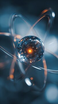 Glowing atomic structure revolves with bright core energy in abstract dark setting