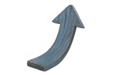 Wooden arrow pointing up, symbolizing growth, direction, and upward movement on a transparent background